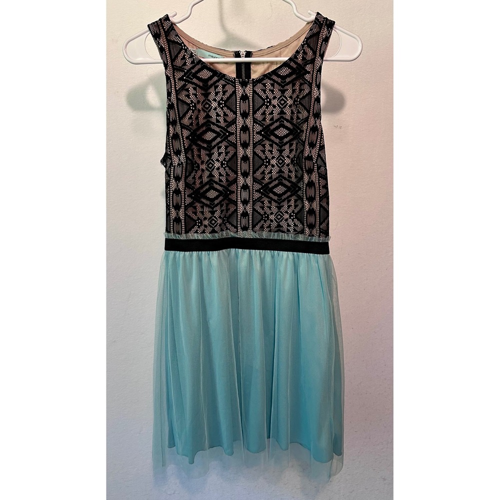 Maurices Women 7/8 Aqua Blue Tulle Black Lace Bodice Sleeveless Party‎ Dress NEW